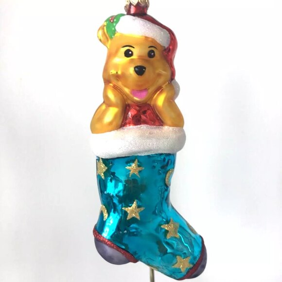 Rare Christopher Radko Disney WINNIE THE POOH Teal Blue Stocking Glass Ornament - Picture 3 of 9